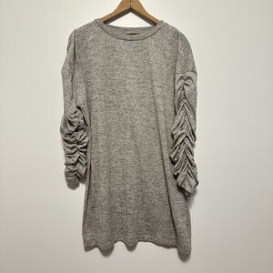 Zara Basics Gray Heather Knit Sweater Dress Ruched Sleeve Minimalist Womens M